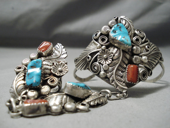 So Detailed!! Vintage Native American Navajo Turquoise Coral