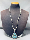Rare Longer Vintage Native American Navajo Turquoise Torpedo Sterling Silver Necklace Old-Nativo Arts