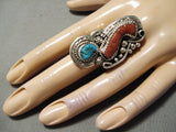 Exquisite Native American Navajo Old Kingman Turquoise & Coral Sterling Silver Ring-Nativo Arts