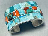 Native American Heavy 130 Gram Navajo Turquoise Coral Sterling Silver Wide Bracelet Cuff-Nativo Arts
