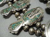 Native American Intricate Vintage Navajo Turquoise Inlay Sterling Silver Squash Blossom Necklace-Nativo Arts
