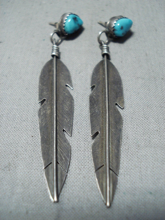 Navajo Silver Turquoise Feather Earrings - NativeIndianMade.com