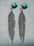 Custom Vintage Native American Navajo Sleeping Beauty Turquoise Sterling Silver Feather Earrings-Nativo Arts