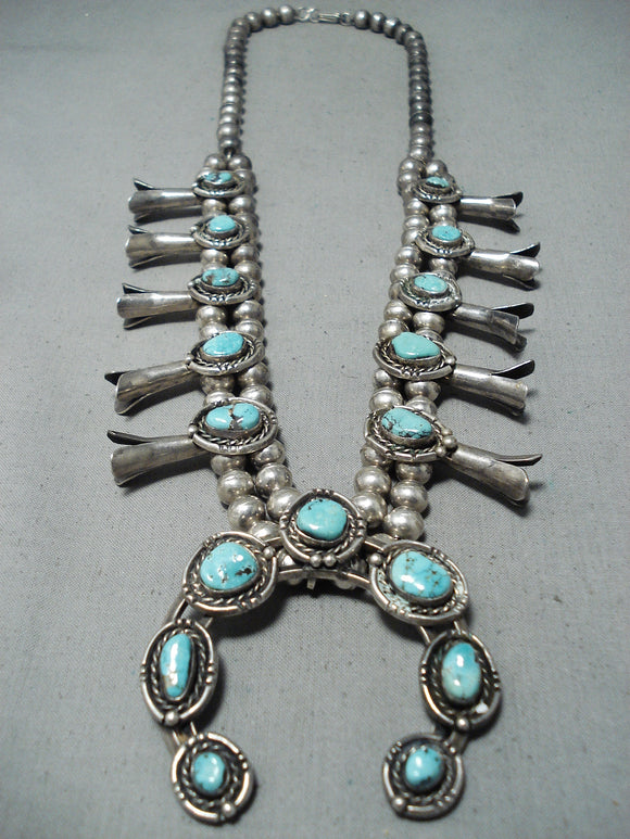 Women's Vintage Native American Navajo Morenci Turquoise Sterling Silver Squash Necklace Old-Nativo Arts