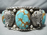 Native American Heavy 172 Gram Navajo Buffalo #8 Turquoise Sterling Silver Bracelet-Nativo Arts