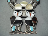 Rare Larger Vintage Native American Zuni Turquoise Owl Sterling Silver Squash Blossom Necklace-Nativo Arts