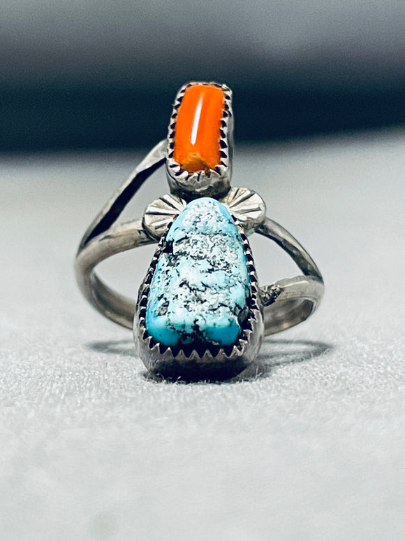 Wonderful Vintage Native American Navajo Morenci Turquoise & Coral Sterling Silver Ring-Nativo Arts