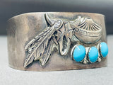 Detailed Wide Vintage Native American Navajo Turquoise Sterling Silver Feather Bracelet-Nativo Arts