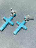 Impressive Vintage Native American Navajo Turquoise Sterling Silver Cross Earrings-Nativo Arts