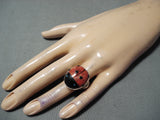 Wonderful Navajo Coral Jet Sterling Silver Ladybug Ring Native American-Nativo Arts