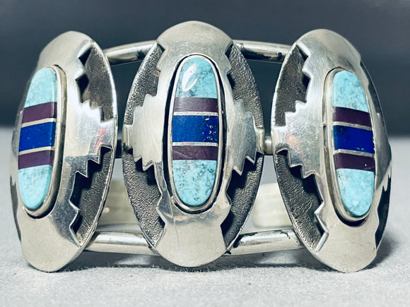 Tripe Inlay Island Vintage Native American Navajo Turquoise Sugulite Sterling Silver Bracelet-Nativo Arts