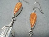 Dazzling Native American Navajo Spiny Oyster Shell Sterling Silver Feather Earrings-Nativo Arts
