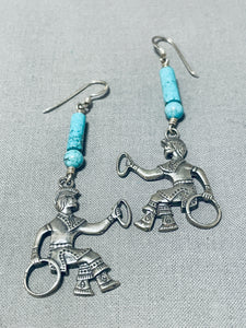 Fascinating Vintage Southwest Turquoise Sterling Silver Hoop Dancer Earrings-Nativo Arts