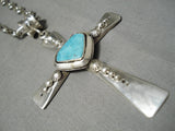 Thick Heavy Sturdy Native American Navajo Sterling Silver Turquoise Cross Necklace-Nativo Arts