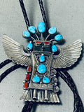 Huge 4 Inch Long Vintage Native American Navajo Kachina Turquoise Sterling Silver Bolo Tie-Nativo Arts