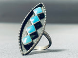 Native American Beautiful Quality Vintage Zuni Turquoise Inlay Sterling Silver Ring Old-Nativo Arts