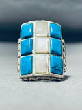 Magnificent Vintage Native American Navajo Turquoise & Mother Of Pearl Sterling Silver Ring-Nativo Arts