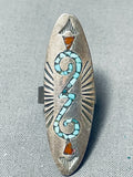 Taller Vintage Native American Navajo Turquoise Coral Sterling Silver Inlay Ring Old-Nativo Arts