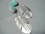 Signed Native American Navajo Royston Turquoise Sterling Silver Feather Earrings-Nativo Arts