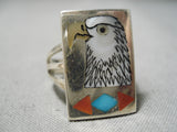 Intricate!! Vintage Zuni Native American Turquoise Eagle Sterling Silver Ring-Nativo Arts