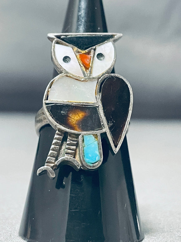 Native American Very Intricate Owl Vintage Zuni Turquoise Inlay Sterling Silver Ring-Nativo Arts