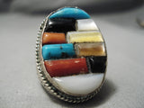 Native American Huge Men's Thick Sturdy Turquoise Coral Inlay Sterling Silver Ring Old-Nativo Arts