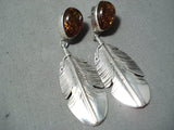 Rare Detailed Intricate Native American Navajo Feather Sterling Silver Amber Earrings-Nativo Arts