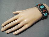 Thick Museum Vintage Native American Navajo Turquoise Coral Sterling Silver Bracelet Old-Nativo Arts