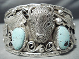 Important Vintage Native American Navajo Buffalo Turquoise Sterling Silver Leaf Bracelet-Nativo Arts