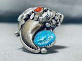 Huge Native American Navajo Turquoise Coral Sterling Silver Bear Ring-Nativo Arts