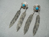 Long Vintage Native American Navajo Turquoise Sterling Silver Feather Earrings-Nativo Arts
