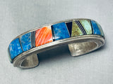 Signed Vintage Native American Navajo Intricate Turquoise Sterling Silver Inlay Bracelet-Nativo Arts