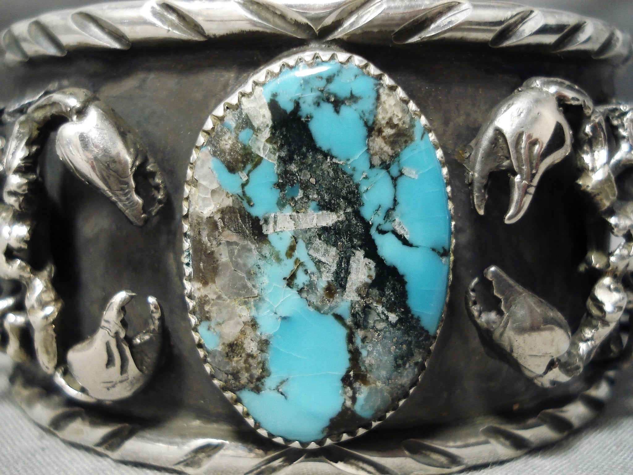 Native American Sterling Silver Cuff Bracelet Scorpion Design Turquoise And Coral good Inlay By Ray B.