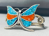 Awesome Native American Navajo Turquoise Coral Chip Inlay Sterling Silver Butterfuly Bracelet-Nativo Arts