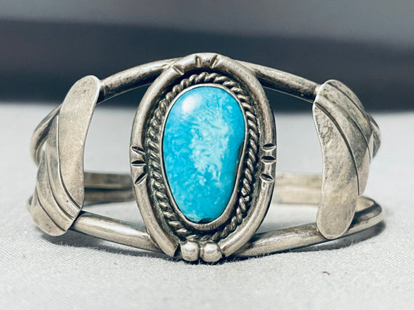 Rare Easter Blue Turquoise Vintage Native American Navajo Sterling Silver Fan Bracelet-Nativo Arts