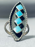 Native American Beautiful Quality Vintage Zuni Turquoise Inlay Sterling Silver Ring Old-Nativo Arts