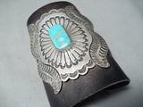 Magnificent Vintage Native American Navajo Kingman Turquoise Sterling Silver Bowguard Old-Nativo Arts