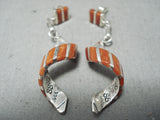 Native American Superb Zuni Signed Coral Sterling Silver Spiral Earrings-Nativo Arts