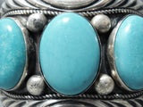 Heavy Signed Vintage Native American Navajo 5 Turquoise Sterling Silver Bracelet-Nativo Arts