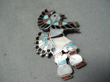 Early Huge Vintage Native American Zuni Turquoise Coral Sterling Silver Pin-Nativo Arts