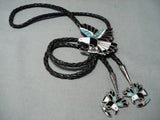 Native American Museum Flying Eagle Vintage Zuni Turquoise Inlay Sterling Silver Bolo Tie-Nativo Arts