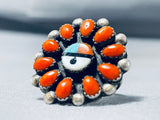Traditional Vintage Native American Zuni Coral Turquoise Sterling Silver Sunface Ring-Nativo Arts