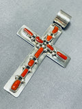 Stunning Native American Navajo Coral Sterling Silver Cross Pendant-Nativo Arts