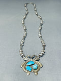 Signed Vintage Native American Zuni Blue Gem Turquoise Sterling Silver Necklace-Nativo Arts