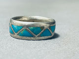 Native American Authentic And Detailed Vintage Zuni Turquoise Sterling Silver Inlay Ring Old-Nativo Arts