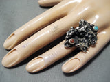 Dazzling Navajo Native American Turquoise Coral Sterling Silver Ring-Nativo Arts
