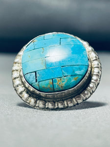 Huge Turquoise Brick Wall Native American Navajo Sterling Silver Inlay Ring-Nativo Arts