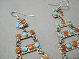 Native American Amazing 5 Tier Turquoise Coral Sterling Silver Navajo Snake Eyes Earrings-Nativo Arts