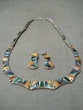 Native American Important Calvin Begay Turquoise Sterling Silver Inlay Necklace Earrings-Nativo Arts
