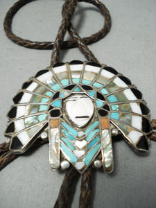 Native American One Of Most Intricate Ever Vintage Zuni Turquoise Chief Sterling Silver Bolo Tie-Nativo Arts